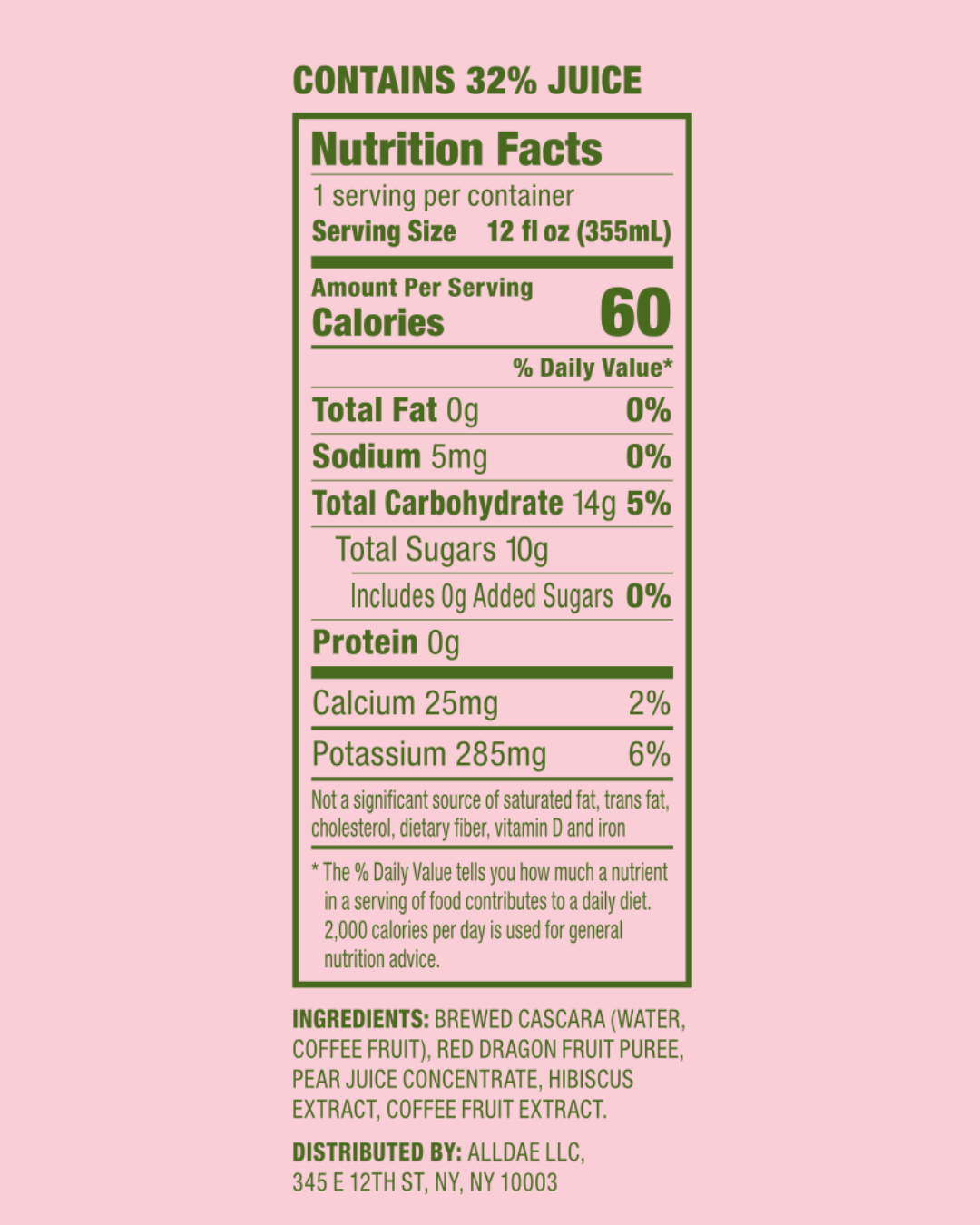 alldae superfruit soda Hibiscus Dragonfruit nutrition facts, featuring real fruit juice and no artificial flavors.