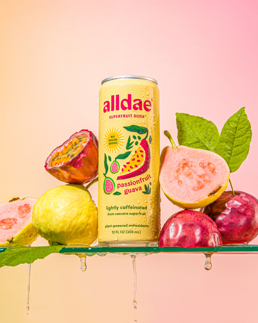 alldae superfruit soda Passionfruit Guava. Healthy soda alternative made with real fruit juice and no artificial flavors.