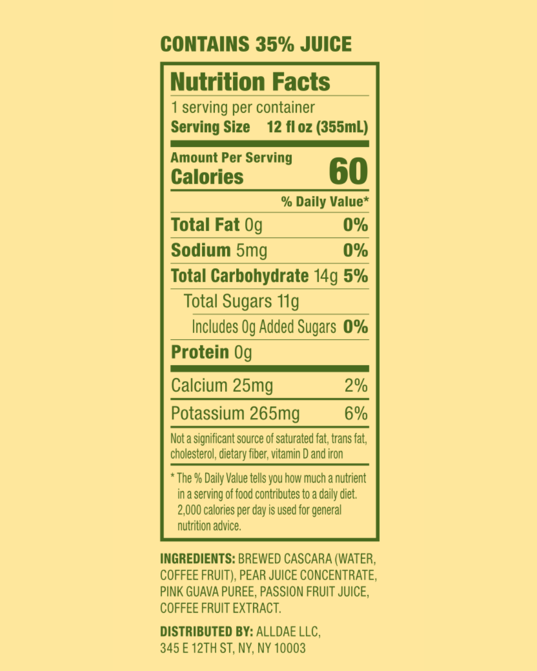 Ingredient panel for alldae superfruit soda Passionfruit Guava. All-natural fruit soda with no artificial ingredients.