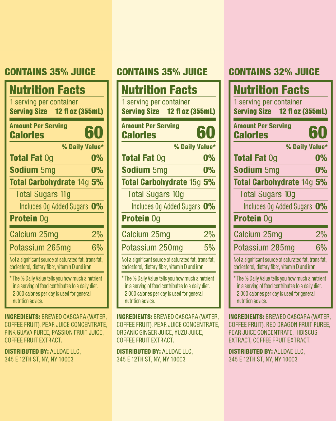 alldae superfruit soda's nutrition facts for the three flavors in the variety pack, showing the real, all-natural ingredients in each can.