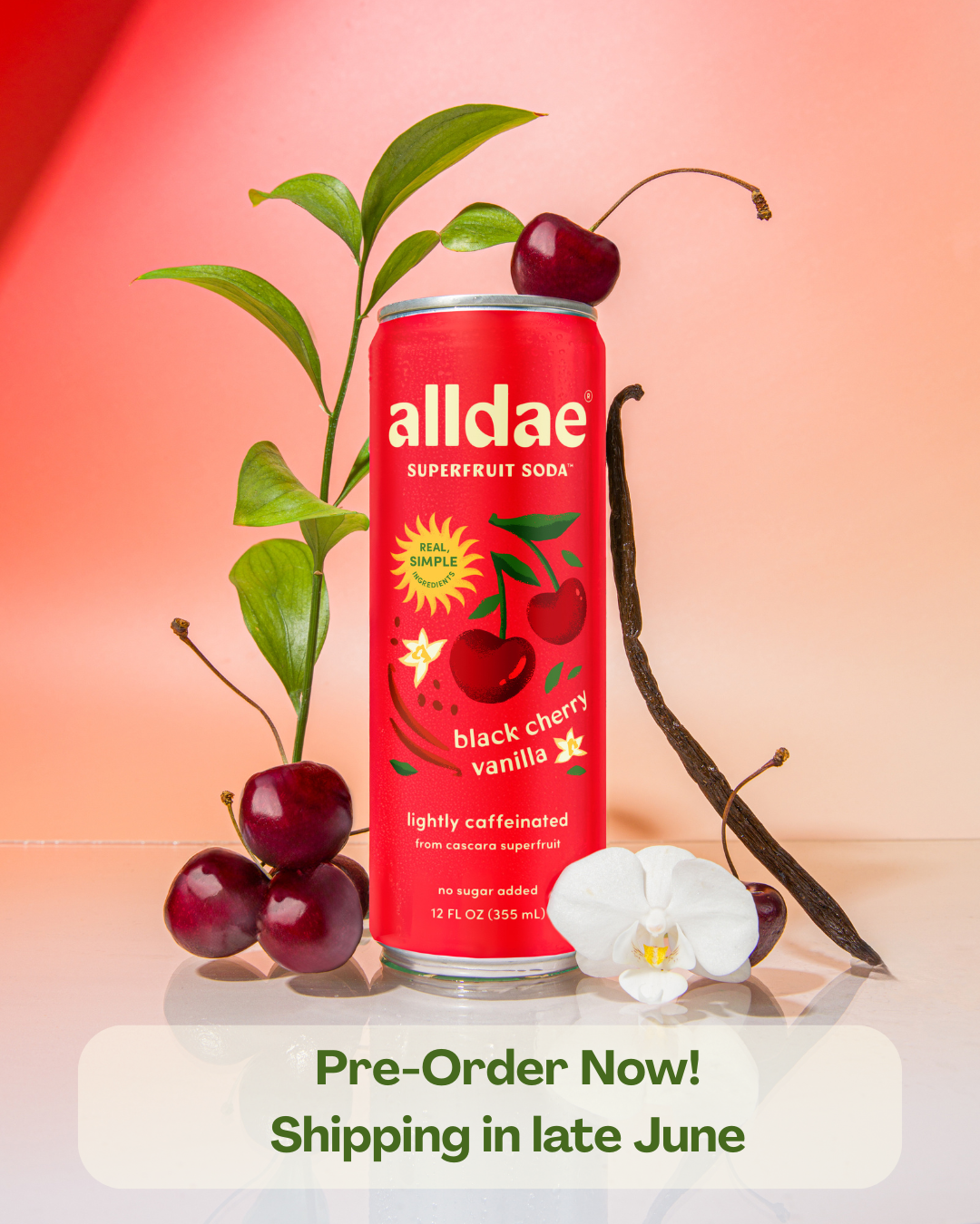 alldae superfruit soda Black Cherry Vanilla sits next to real black cherries and real vanilla bean.