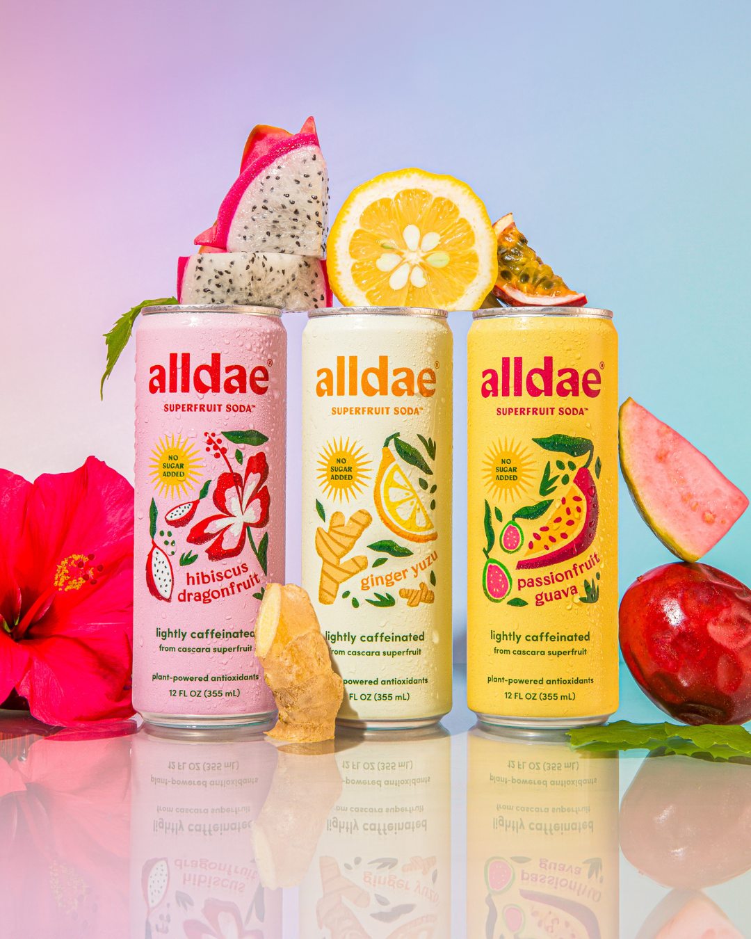 alldae superfruit soda's variety pack, featuring Passionfruit Guava, Ginger Yuzu, and Hibiscus Dragonfruit. This is a healthy soda alternative made with real fruit juice.
